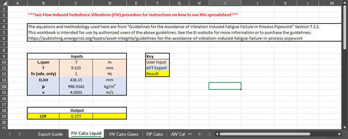 Screen shot of the FIV Calcs Liquid Excel document